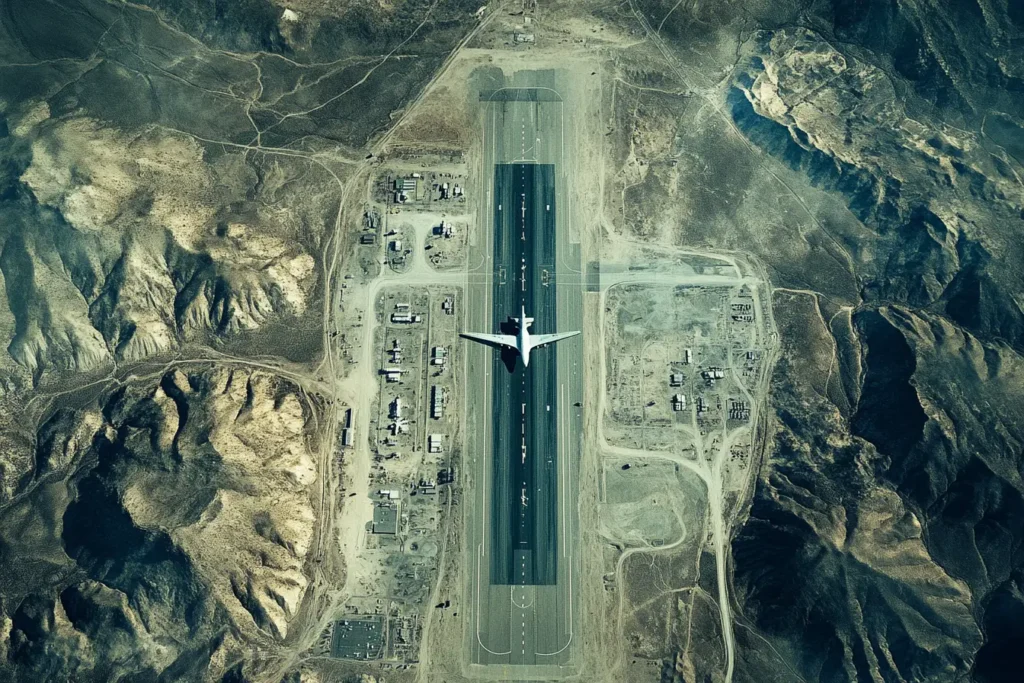 A graphic showing a top-down aerial view of the Area 51 base with a giant plane on the runway