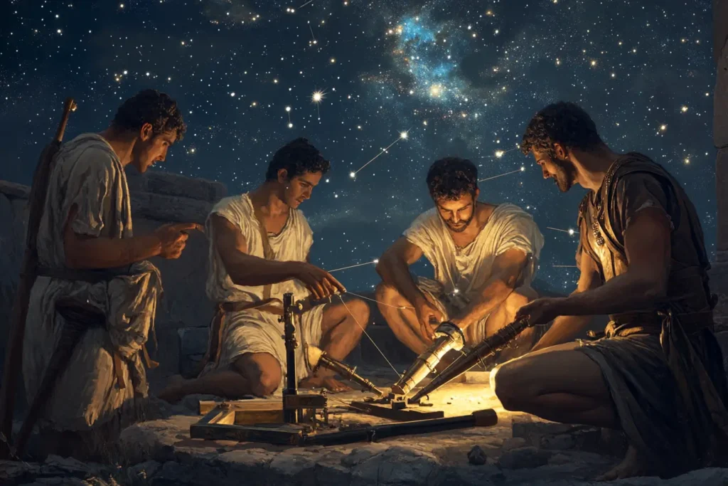 A representation of Greeks using measuring equipment to observe space and the universe