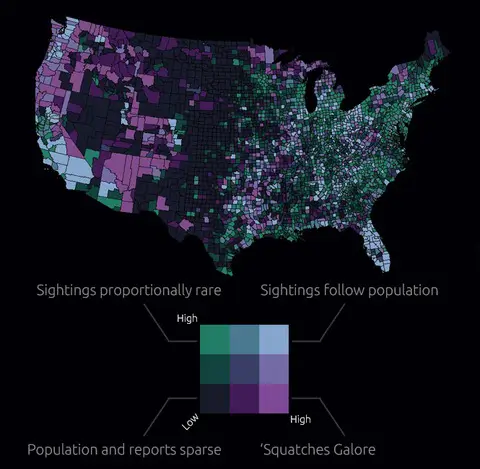 A visualization of all Bigfoot sightings across North American. Image originally seen on https://www.joshuastevens.net/portfolio/