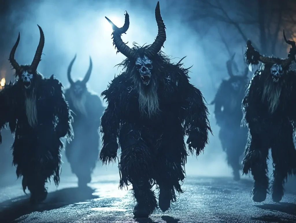 A representation of people dressing up in scary Krampus costumes and roaming the streets on the 5th December
