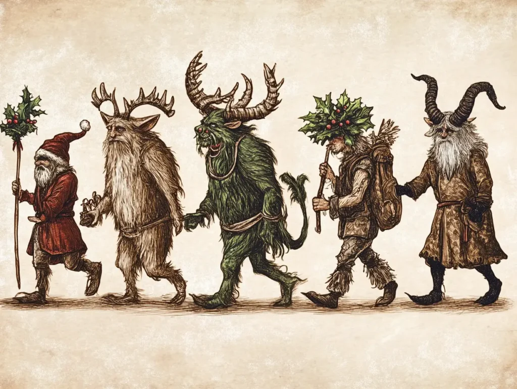 An illustration showing the evolution of Krampus's depictions from ancient woodcuts to modern interpretations.