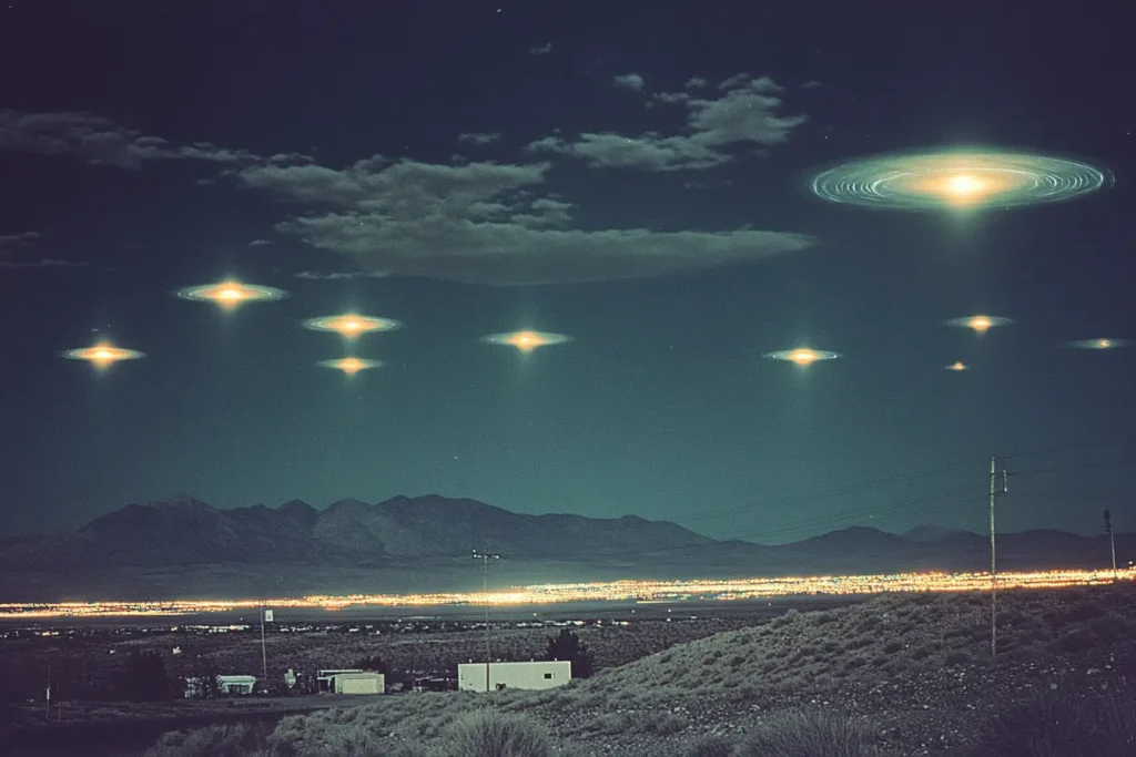A representation of overlooking Area 51 in the desert with strange extraterrestrial lights shining in the sky