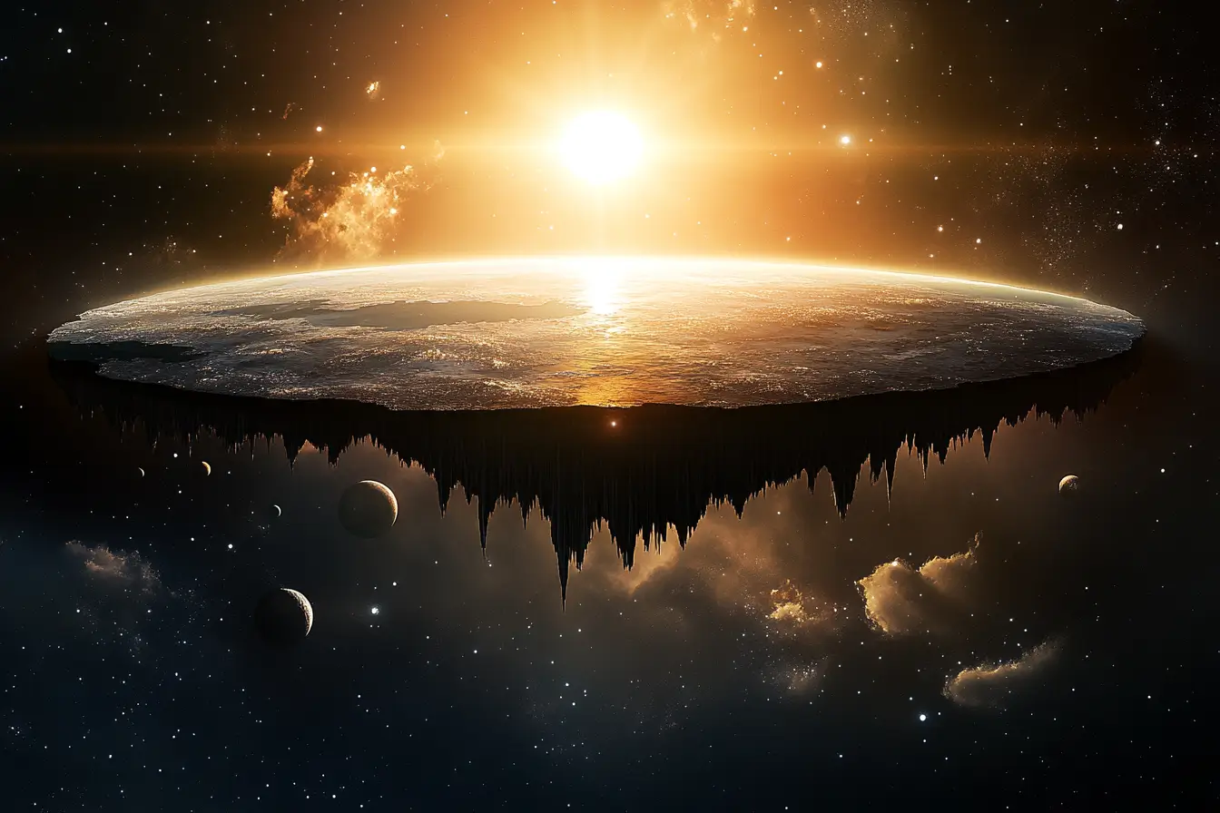 A stereotypical representation of what a Flat Earth would look like from space using the Disk model