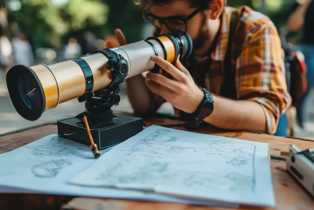  A millennial sets up a telescope while looking at astronomical chars at a table