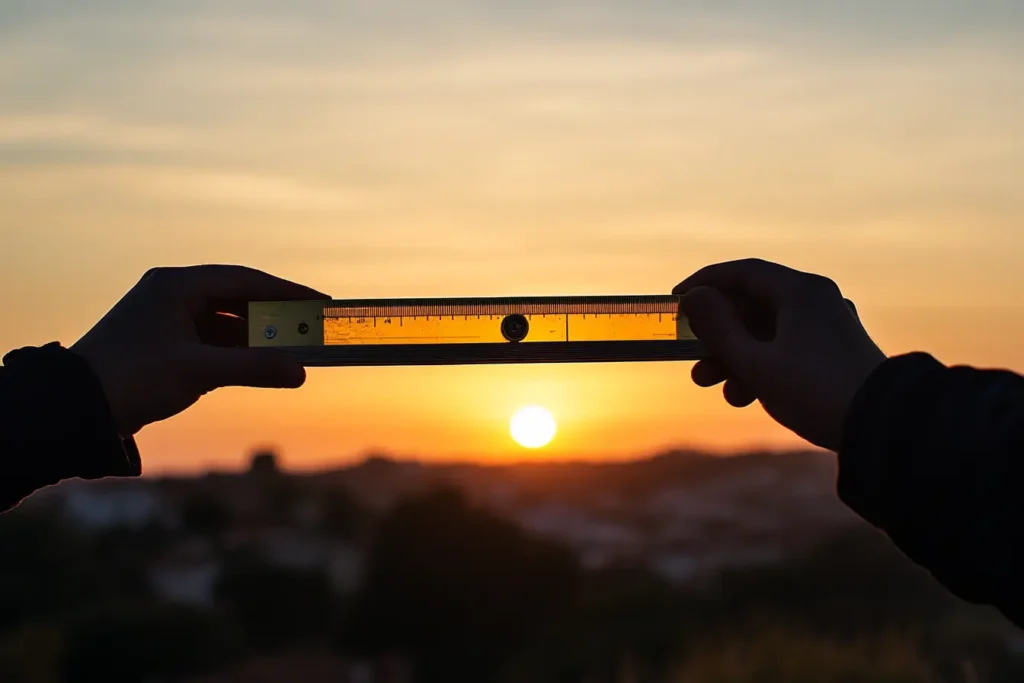 Someone holds a level reader up to the horizon while the sun sets