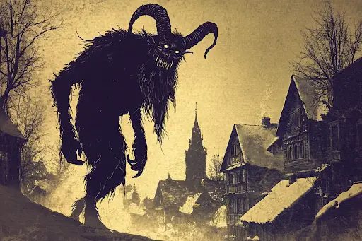 A terrifying vintage-styled Krampus Christmas card photo showing the horned creature in a town