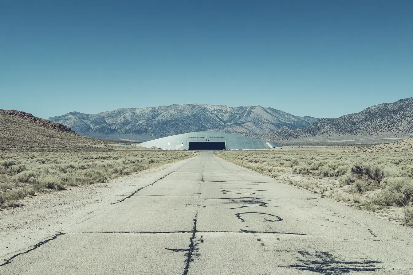 A vintage-styled photo showing a runway up to a modern aircraft hanger in the Nevada desert region