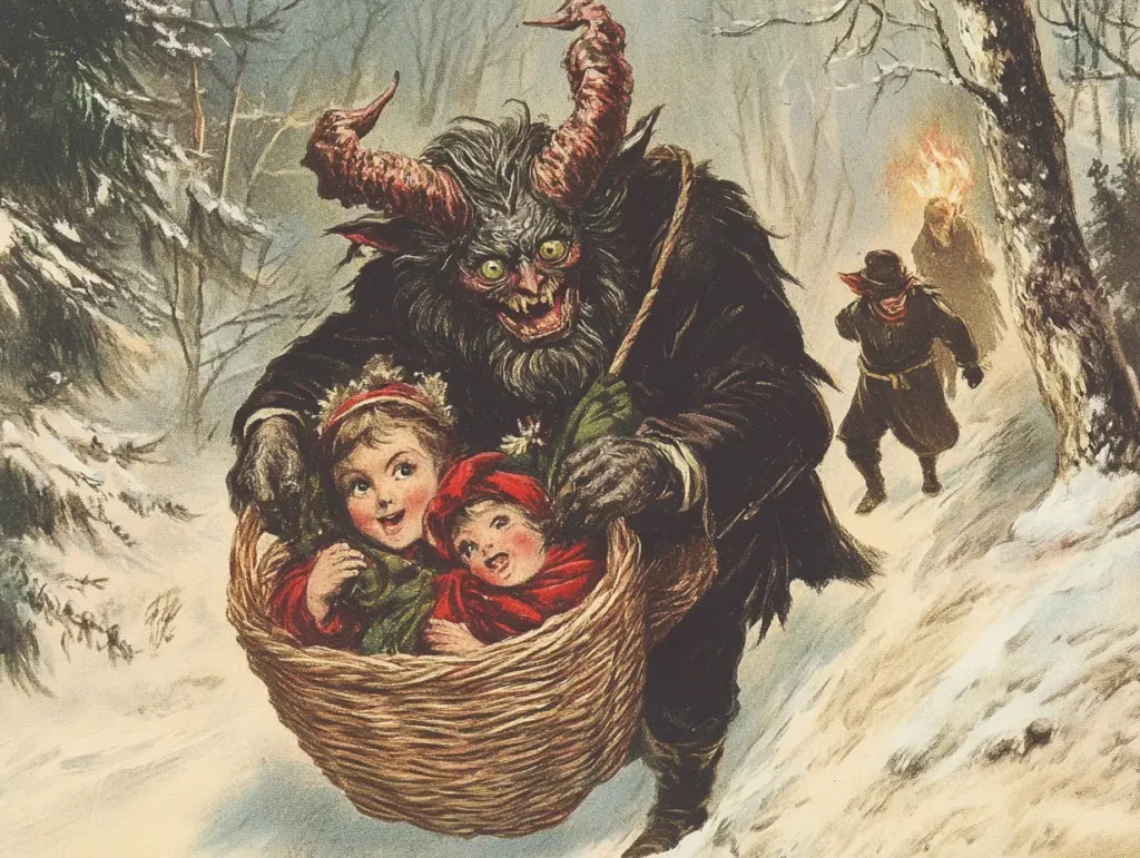A vintage Christmas card design of Krampus taking children away in a wicker basket