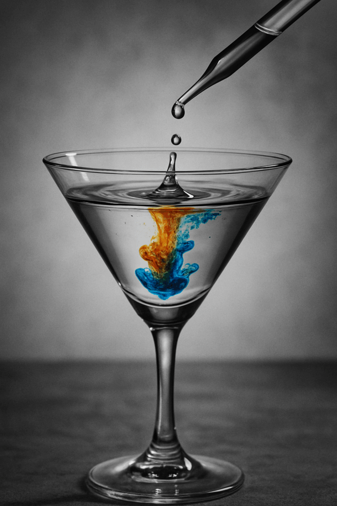 Psychedelic drops being added to a martini glass