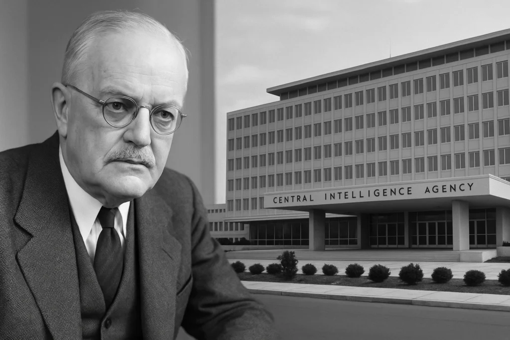 Black-and-white photo of CIA Director Allen Dulles with the 1950s Langley headquarters—capturing the era when MKUltra was born.