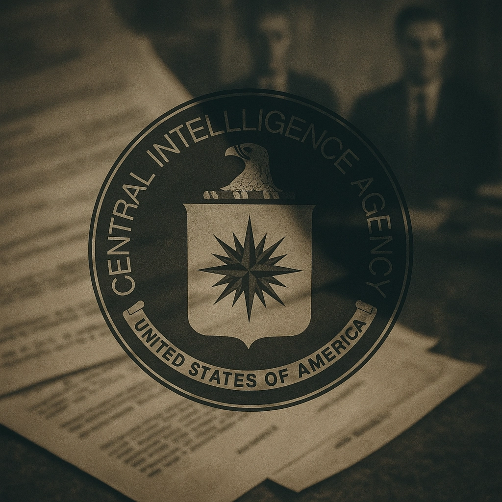 Shadowy CIA seal overlays blurred Cold War-era documents and agents—visually capturing the secrecy behind Project MKUltra and Cold War espionage.
