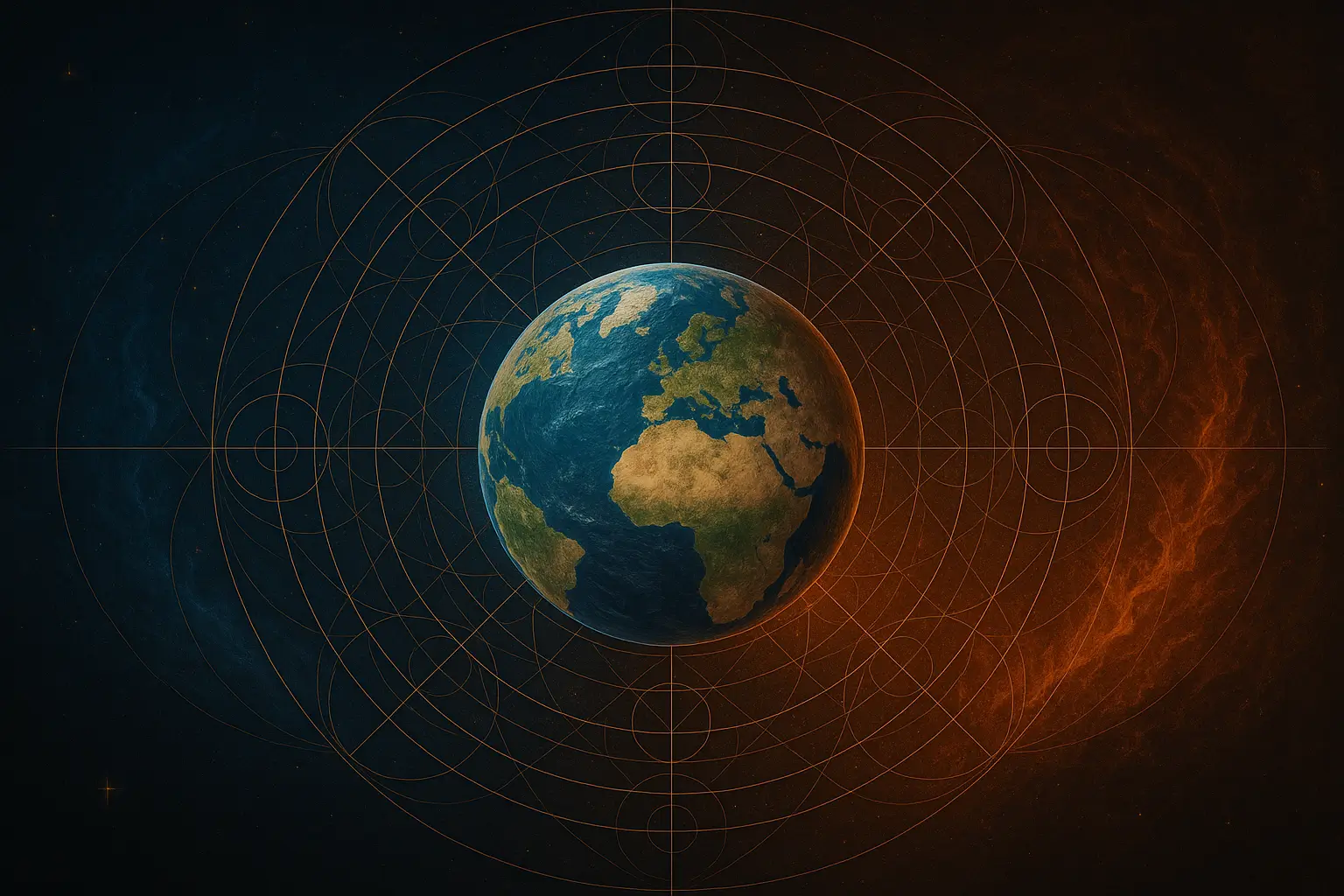 Earth suspended between water and fire, surrounded by golden geometric patterns in a cosmic setting.
