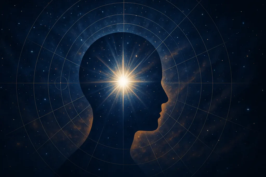 Silhouette of a human head with a radiant light at the forehead, set against a star-filled cosmic background and overlaid with golden geometric patterns, symbolizing cosmic enlightenment.