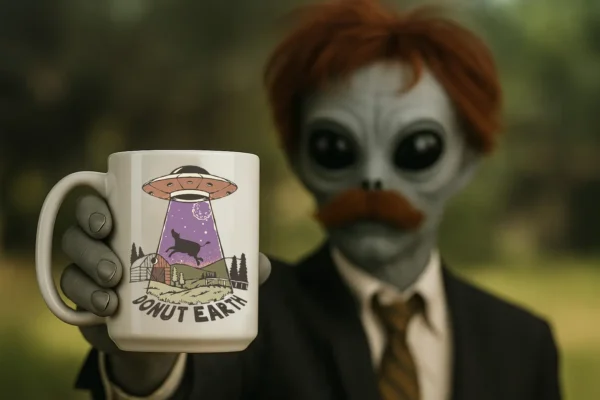 Bob Bizarre holding up a white mug with a cow being abducted on the front
